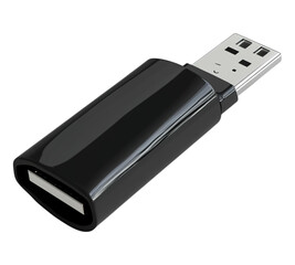 A black USB flash drive with a silver connector
