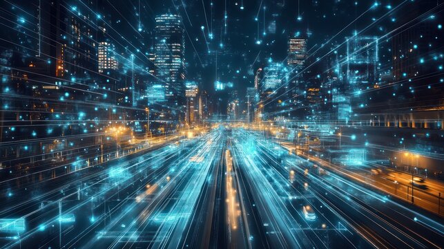 Futuristic cityscape at night, illuminated by data streams and digital connections.  Urban highway with moving vehicles blurred by motion, overlaid with a network of glowing lines and points