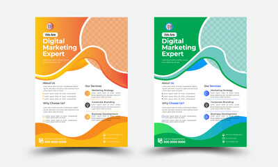 Book Cover, Brochure & Flyer designs with various shapes like round, triangular etc. and customizable colors like off-white, green, sky blue, pink, orange, blue etc.