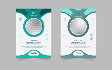 Book Cover, Brochure & Flyer designs with various shapes like round, triangular etc. and customizable colors like off-white, green, sky blue, pink, orange, blue etc.