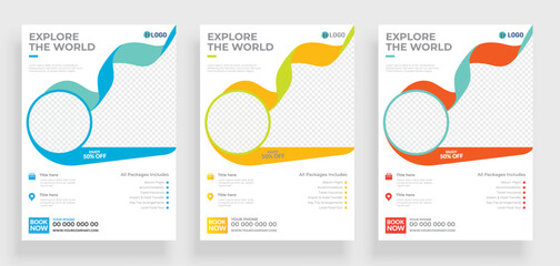 Book Cover, Brochure & Flyer designs with various shapes like round, triangular etc. and customizable colors like off-white, green, sky blue, pink, orange, blue etc.