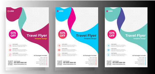 Book Cover, Brochure & Flyer designs with various shapes like round, triangular etc. and customizable colors like off-white, green, sky blue, pink, orange, blue etc.