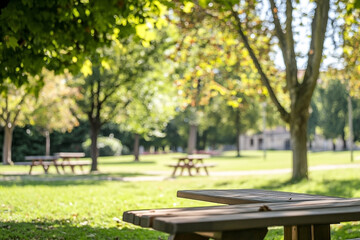 Peaceful park scene with picnic tables surrounded by lush greenery in daylight