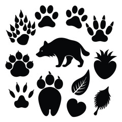 Generate a collection of black footprints representing various animal species.
