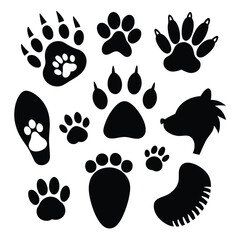 Fototapeta premium Generate a collection of black footprints representing various animal species.