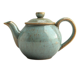 A blue ceramic tea pot with a lid sits on a white background