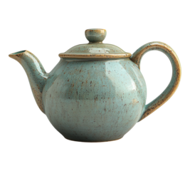 A blue ceramic tea pot with a lid sits on a white background