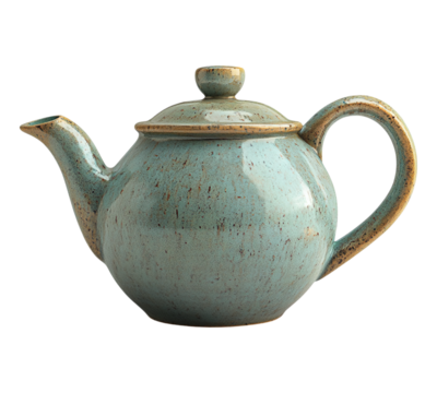 A blue ceramic tea pot with a lid sits on a white background