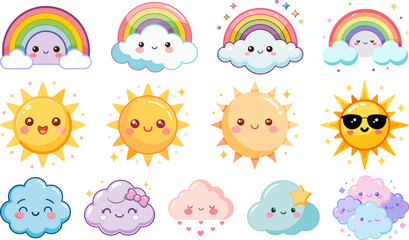 Fototapeta premium A collection of twelve cute and colorful cartoon weather elements including rainbows, suns, and clouds, all with adorable faces.