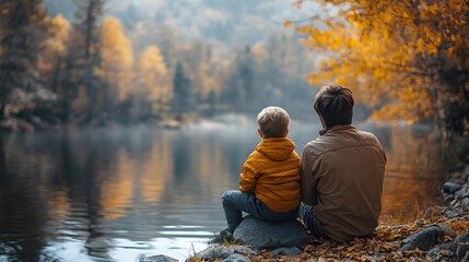 Father and Son by Lake During Fall Season