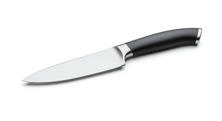 Chefs knife on white background stainless steel blade and black handle isolated object