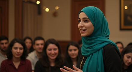 Young Woman Giving a Presentation in Teal Hijab
