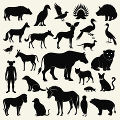 Generate a comprehensive collection of diverse animal silhouettes in black.