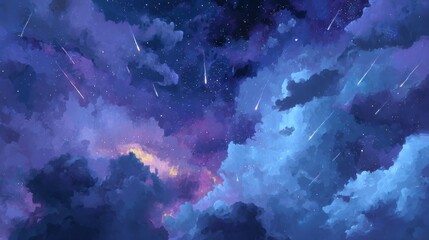 Obraz premium A stunning digital illustration of a starry night sky, featuring a blend of deep purples, blues, and hints of orange. The clouds are thick and fluffy, creating a captivating foreground against the bac