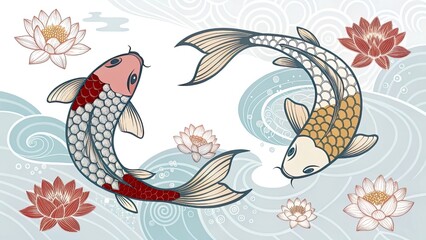 Two koi fish swimming in a circular motion surrounded by lotus petals and wave patterns, stylized with layered scales and metallic ink textures.