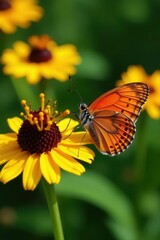 Obraz premium Orange butterfly, brown wings, yellow flower, summer garden , closeup, yellow, sunlight
