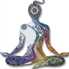 Obraz premium A unique design features a meditative figure composed of intricate swirling patterns in various colors, symbolizing tranquility. This artwork conveys a strong sense of balance and mindfulness