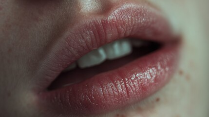 Close-up of a pair of slightly parted, glossy lips, showcasing a soft, natural pink hue. The focus is on the texture of the lips, with visible details such as subtle moisture and the contours of the m