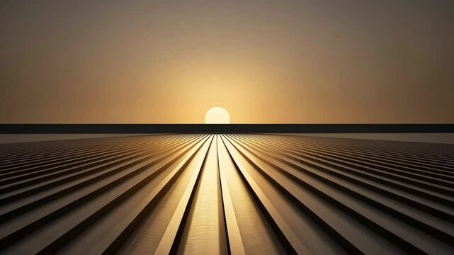 Serene sunset over horizon with warm glow, parallel lines creating depth and perspective, inviting tranquility and calmness in tranquil ambiance.
