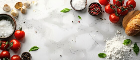 Italian ingredient including vegetable and food on colorful textured background. Flat lay composition for culinary and cooking design. Minimalistic concept. Top down view of fresh vegetable. AIG55.