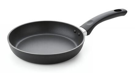 Isolated black frying pan with handle against white background