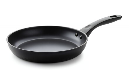 Isolated black frying pan with handle on white background for culinary concepts