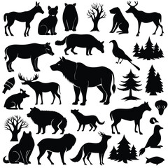 Generate a diverse collection of black silhouette icons representing various wild mammals, including bears, wolves, deer, and bison with white background