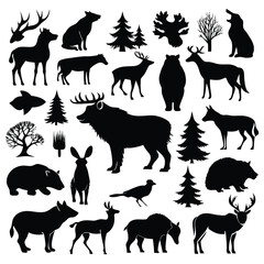 Generate a diverse collection of black silhouette icons representing various wild mammals, including bears, wolves, deer, and bison with white background
