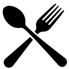 Crossed spoon and fork. Black and white vector illustration of cutlery. Simple design. Restaurant menu icon.