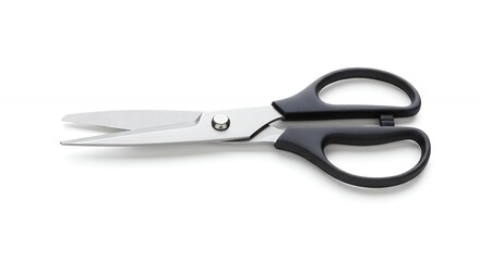 Obraz premium Isolated pair of scissors with sharp blade and black handles on white background