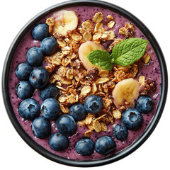 Delicious and healthy smoothie bowl with fresh blueberries banana and granola for breakfast or snack time on transparent background
