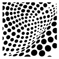 Abstract black and white dotted pattern.  Vector illustration of a dynamic, curved background with varying circle sizes. Ideal for modern design projects.
