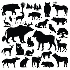 Generate a diverse collection of black silhouette icons representing various wild mammals, including bears, wolves, deer, and bison with white background