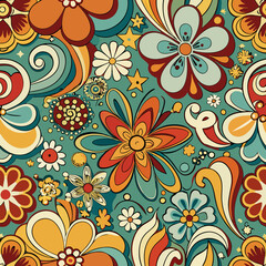 A vibrant and intricate seamless pattern featuring a psychedelic and retro floral design with swirls, stars, and various stylized flowers in warm and cool tones, reminiscent of the 1960s-70s.
