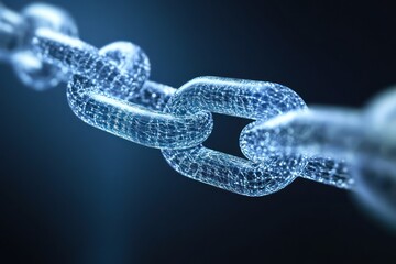 Close-up of a futuristic chain link.  Transparent, interconnected links are detailed with intricate network patterns