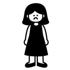 Sad girl in black dress, vector illustration. Simple flat style. Black and white.