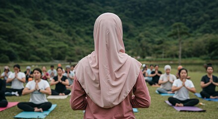 Serene Outdoor Yoga Session: A Woman in a Hijab Leads a Group in a Peaceful Nature Setting