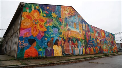 A vibrant mural spreads across the side of a building, featuring colorful flowers and a variety of human figures in diverse poses and expressions. The mural displays a rich palette with bright hues of