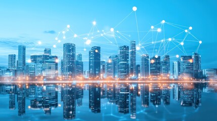 Modern cityscape connected by digital network, reflecting in calm waters