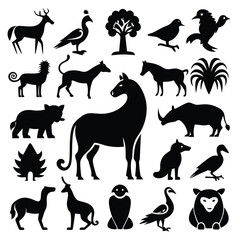 Generate a diverse collection of minimalist black silhouette icons representing various animals with white background