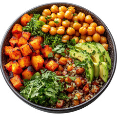 Delicious vegan buddha bowl recipe with sweet potato chickpeas and avocado for healthy eating diet...