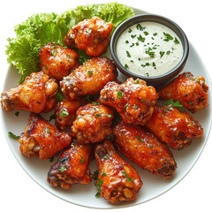 Delicious chicken wings with sauce and lettuce on plate for food photography and restaurant menu design on transparent background