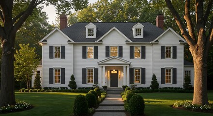 Classic home exterior with stone and wood accents, elegant porch, and blooming garden&mdash;perfect for traditional residential architecture or real estate concepts.