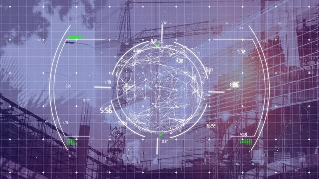 3D wireframe globe displaying site progress data over grid overlay, highlighting cranes scaffolding - Powered by Adobe