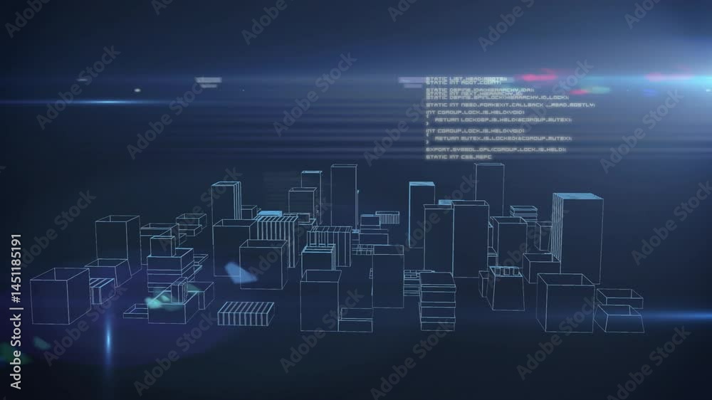 Poster wireframe city model spinning over grid floor, with floating code snippets and lens flares