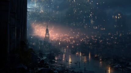 A stunning, atmospheric depiction of a futuristic cityscape at night, shrouded in mist with towering buildings partially submerged in water. The scene is illuminated by a myriad of sparkling lights, c