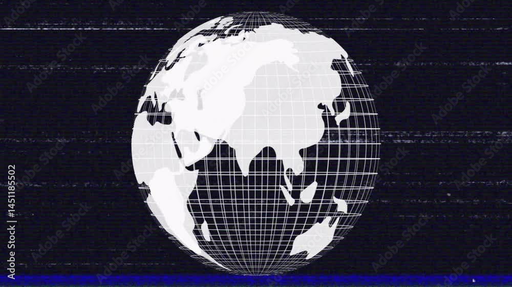 Poster 3d render wireframe globe rotating over dark digital grid, showing continents with glitch artifacts