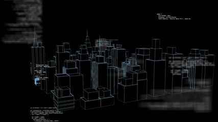 Wireframe city skyline model rotating in virtual space, overlaying multiple code snippets - Powered by Adobe