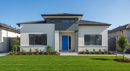 Luxury two-story home facade in Guadalajara, Mexico, with modern architecture, featuring a blend of concrete, white, and minimal design for a sophisticated residential look.