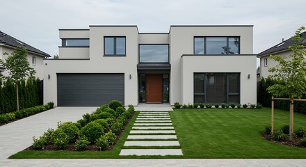 Luxury two-story home facade in Guadalajara, Mexico, with modern architecture, featuring a blend of concrete, white, and minimal design for a sophisticated residential look.